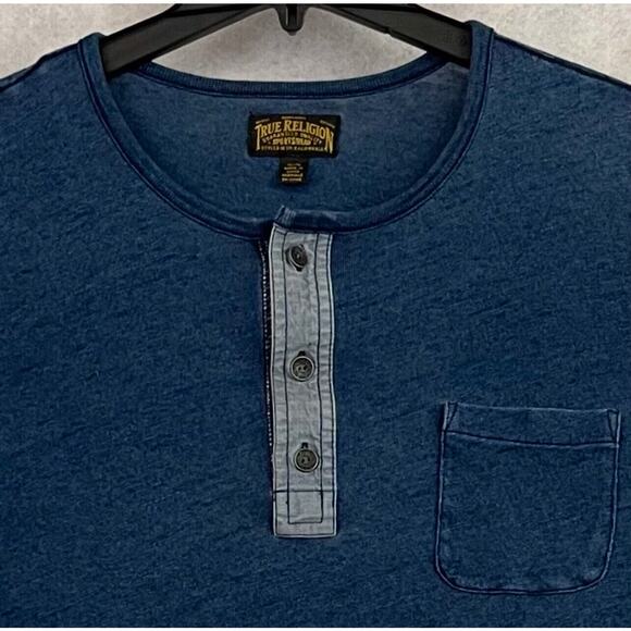 True Religion Henley Shirt Mens XL Blue Long Sleeve Pocket Long Sleeve - Picture 8 of 13